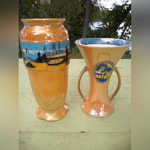 Two Orange Lustreware Vases, Noritake, Lancaster & Sons, Fishermen, Hanley UK - Picture 11 of 11